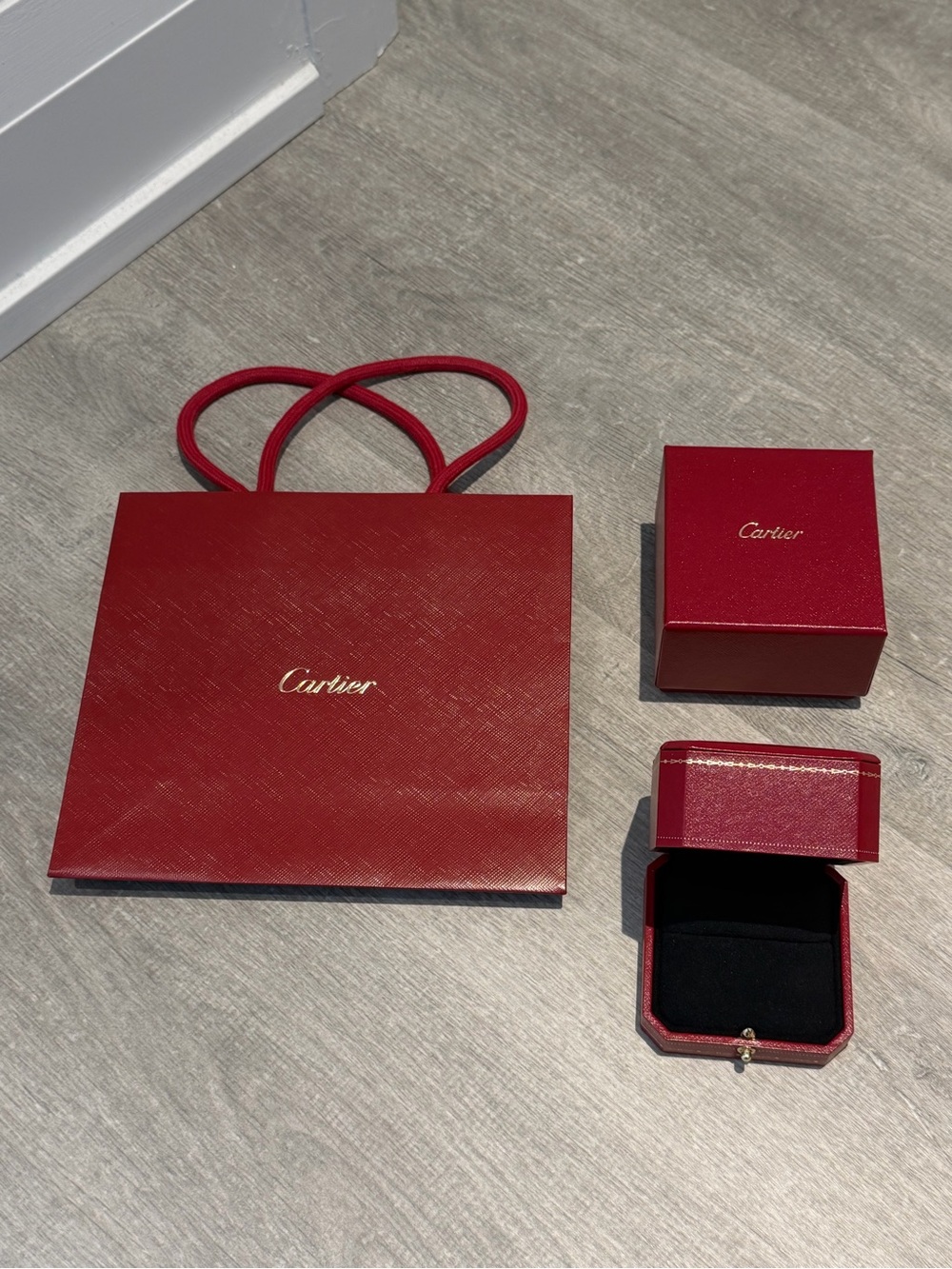 Cartier Red Gift Bag with Matching Red Jewelry Boxes and Ring Case (no jewelry)